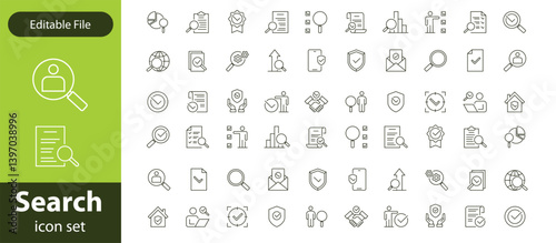 Search stroke line icon set. Containing magnifying glass, find, research, SEO and investigate icons. Stroke outline icon collection. Editable stroke.