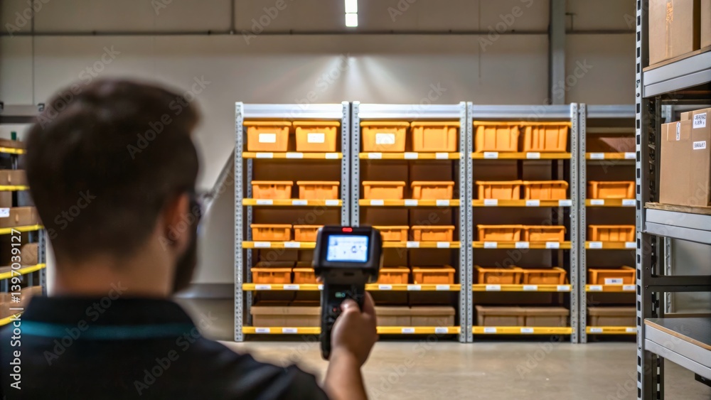 Person Using Handheld Scanner in Warehouse Setting with Orange Bins on Shelves