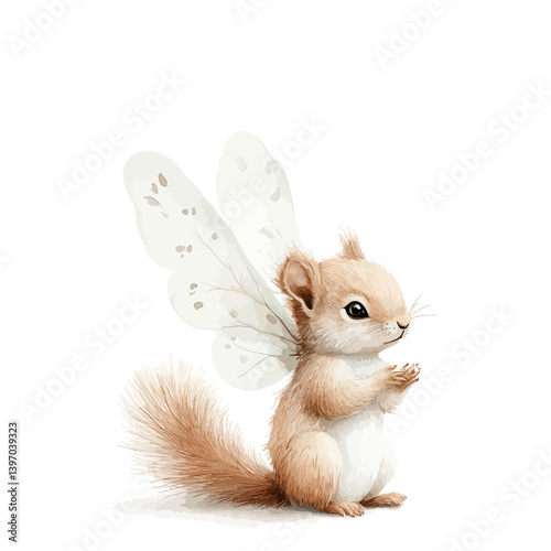 Whimsical Watercolor Squirrel: A charming watercolor illustration of a squirrel adorned with delicate fairy wings, captured with a soft, artistic touch, radiates a sense of wonder and enchantment.