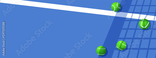 Paddle Tennis background for tournament. Copy space. Tennis balls scattered on court with long shadows. Sports equipment. Backdrop for sports competition, lawn tennis championship.  Sporty aesthetic