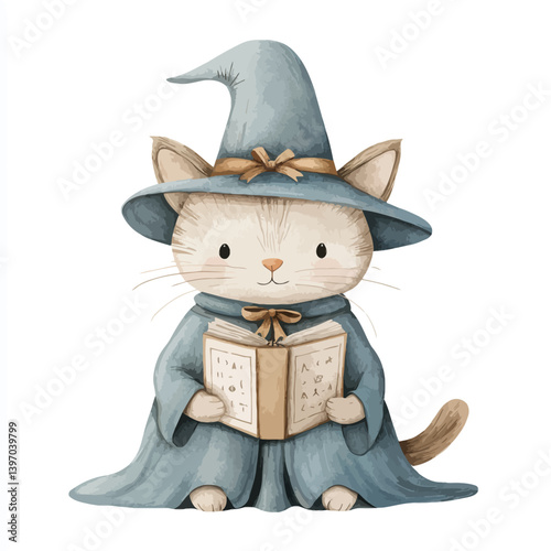 Whimsical Wizard Cat: An enchanting illustration of a charming kitten dressed as a wizard, engrossed in reading a spellbook, exuding a sense of magic and wonder.