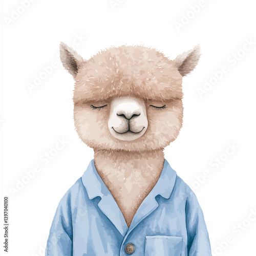Charming Alpaca in Pajamas: A cute and cuddly alpaca with closed eyes wearing a soft blue pajama top, radiating tranquility and comfort. 