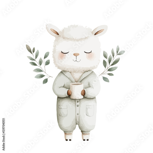 Cute Llama's Cozy Moment: An endearing watercolor depiction of a llama in pajamas, holding a cup of beverage with peaceful expression.