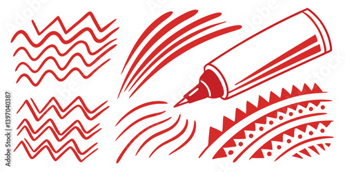 Abstract Red Brush Marks: Energetic Straight, Wavy & Zigzag Strokes for Raw Expression