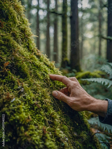 Obraz na płótnie Close-up of a male hand gently touching a moss-covered tree in a serene forest setting. w salonie