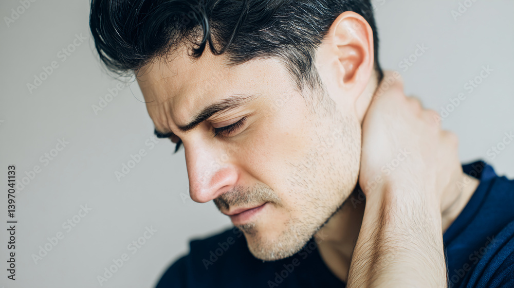 Obraz premium Close-up of a man's face, head tilted down, hand on neck, suggesting discomfort or stress, conveying feelings of tension and worry
