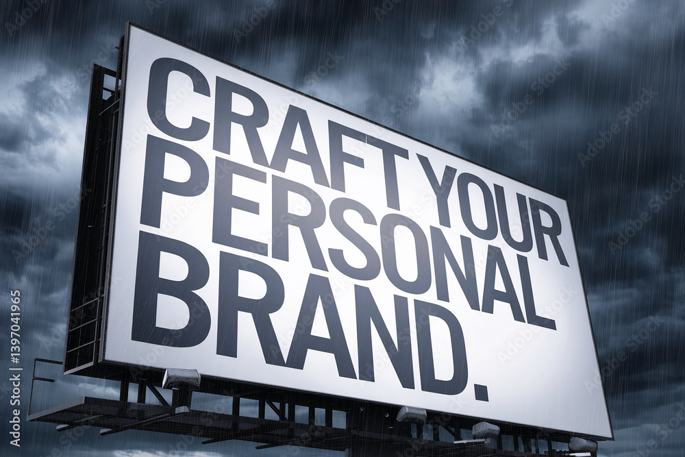 Large billboard in rain, displaying text: Craft Your Personal Brand. Showcase for advertising, promoting self-branding and marketing concepts. Free space. Large billboard in rain, displaying text: Craft Your Personal Brand. Showcase for advertising, promoting self-branding and marketing concepts. Free space.