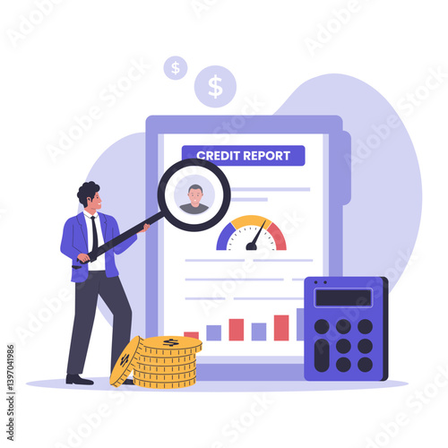 Credit Report Checking Illustration. Financial Analysis, Credit Score Review, and Banking Assessment. Illustrations for websites, landing pages, mobile apps, posters
