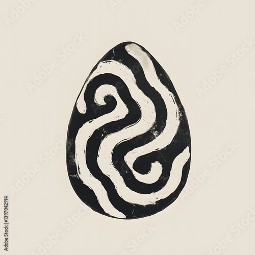 Abstract egg shaped ink drawing with swirling black and white minimalist lines in contemporary logo style
