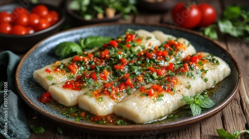 Delicious,  savory,  plated fish fillets, garnished with herbs and a spicy sauce photo