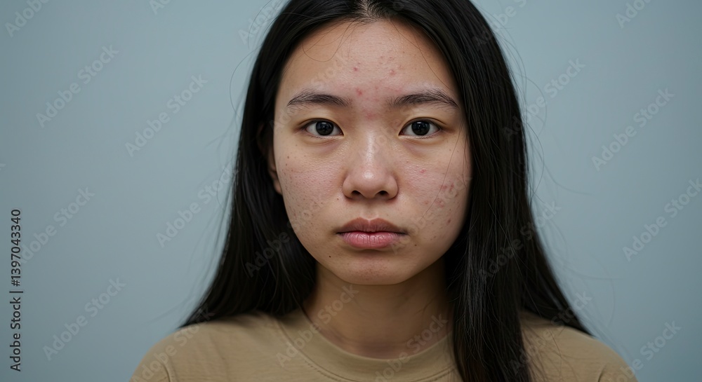 Asian Woman Facial Portrait Showing Acne Skin Condition with Neutral Expression Asian Woman Facial Portrait Showing Acne Skin Condition with Neutral Expression