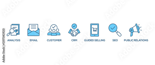 Inbound marketing banner web icon vector illustration concept with icon of analysis, email, customer, crm, guided selling, seo and public relations
