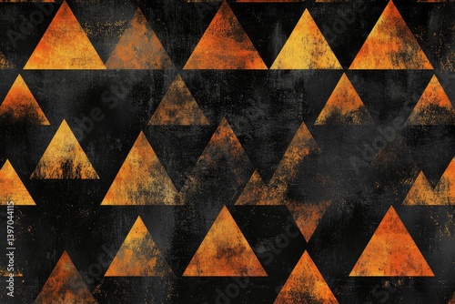 A distressed pattern of overlapping burnt orange triangles on a dark background. photo