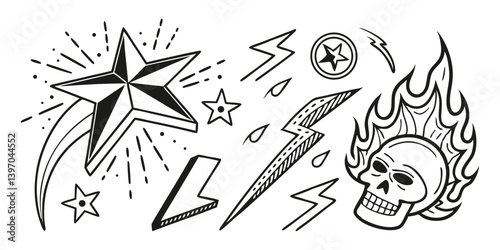 Raw Attitude Doodles: Gritty Chalk Set with Stars, Arrows, and Flame Motifs for Rebellion