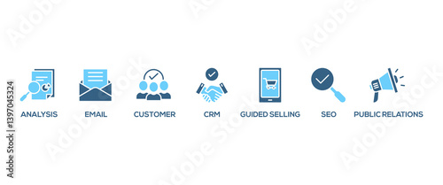Inbound marketing banner web icon vector illustration concept with icon of analysis, email, customer, crm, guided selling, seo and public relations