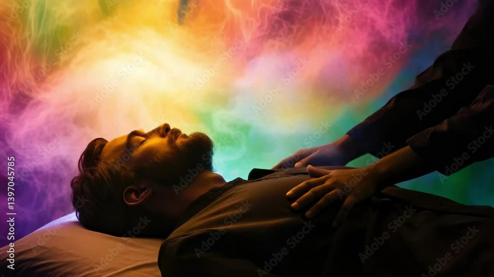 Participants engage in a transformative energy healing session, exploring hands-on techniques with vibrant visual elements illuminating the serene atmosphere and enhancing relaxation.