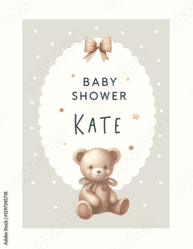 Watercolor New born baby shower invitation. Greeting card with baby toys and accessories.
