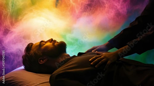 Participants engage in a transformative energy healing session, exploring hands-on techniques with vibrant visual elements illuminating the serene atmosphere and enhancing relaxation.