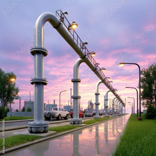 Industrial Pipeline with Lighting Under Dramatic Sky at Dusk