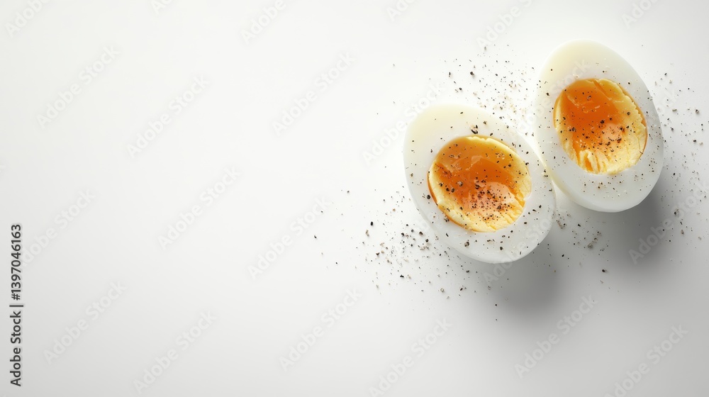 Two perfectly boiled eggs halved, seasoned with black pepper on a clean, minimalist white background. Two perfectly boiled eggs halved, seasoned with black pepper on a clean, minimalist white background.
