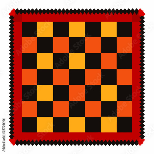 A square rug featuring a pattern of alternating black and yellow squares.