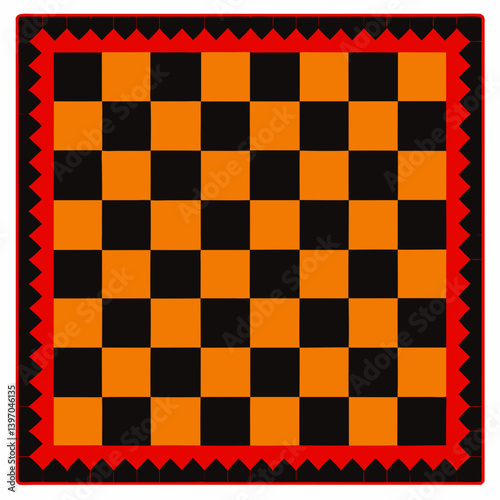 A square rug featuring a pattern of alternating black and yellow squares.