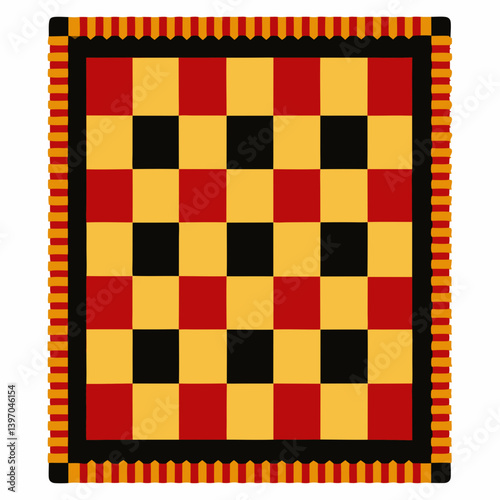 A square rug featuring a pattern of alternating black and yellow squares.