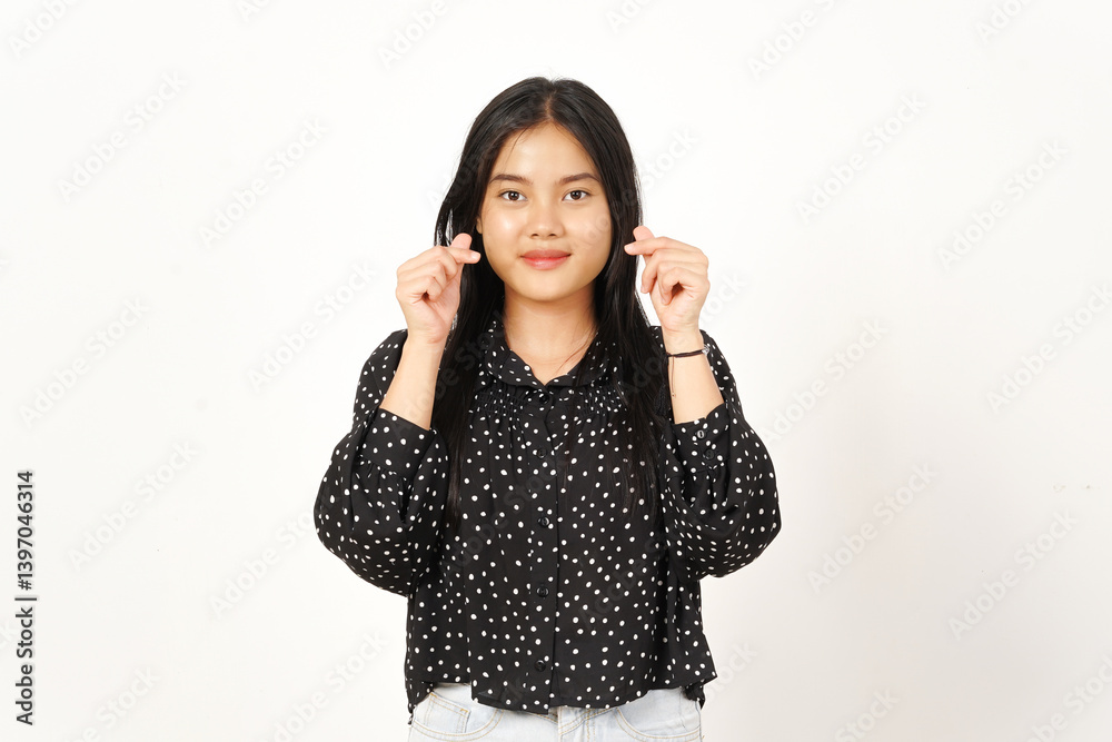 Showing Korean Finger Love Sign Of Beautiful Asian Woman Wearing Black Isolated On White Background
