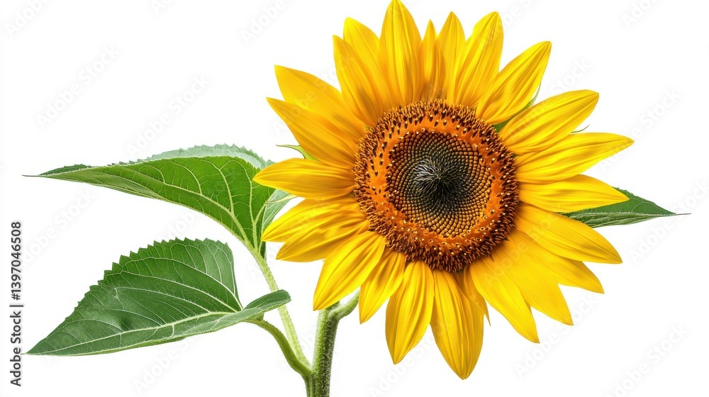Obraz premium Bright yellow sunflower with vibrant green leaves on a white background, showcasing nature's beauty and simplicity.