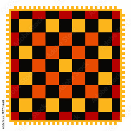 A square rug featuring a pattern of alternating black and yellow squares.