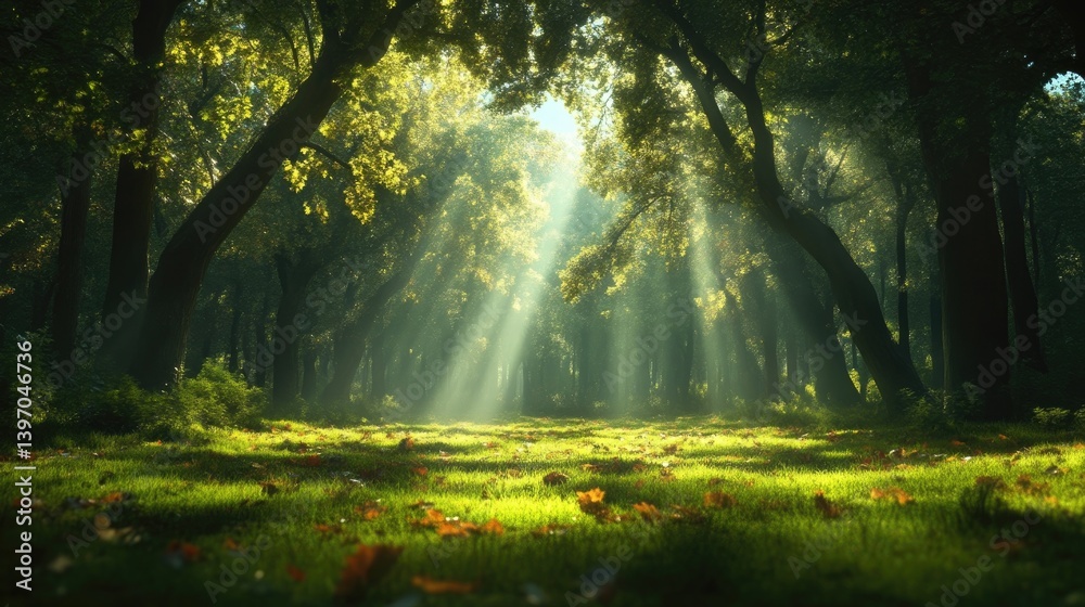Obraz premium Sunlight streams through a dense forest. Lush green foliage, fallen leaves, and dappled light create a serene atmosphere
