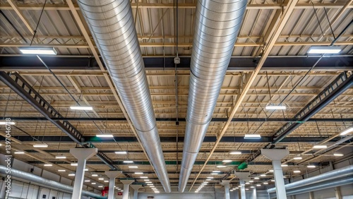 Obraz na płótnie Industrial Interior with Metal Ducts and Open Ceiling in a Modern Warehouse Space w salonie