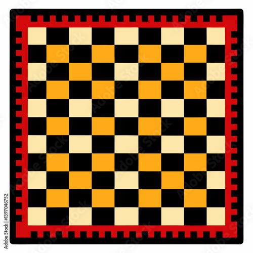 A square rug featuring a pattern of alternating black and yellow squares.