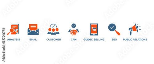 Inbound marketing banner web icon vector illustration concept with icon of analysis, email, customer, crm, guided selling, seo and public relations