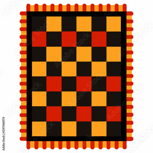 A square rug featuring a pattern of alternating black and yellow squares.