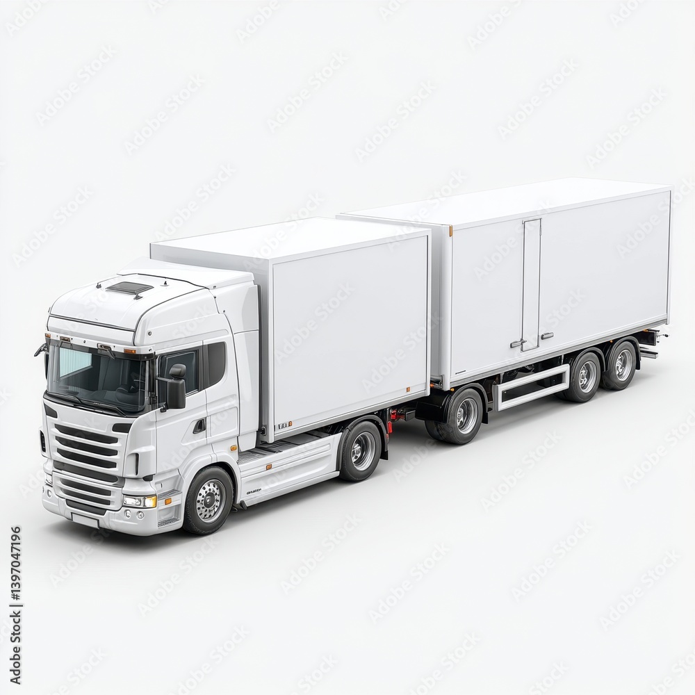 White Delivery Truck with Two Large Cargo Trailers on Gray Background White Delivery Truck with Two Large Cargo Trailers on Gray Background