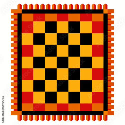 A square rug featuring a pattern of alternating black and yellow squares.