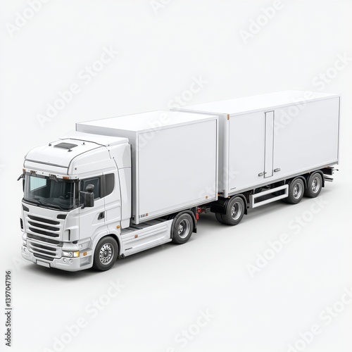 White Delivery Truck with Two Large Cargo Trailers on Gray Background