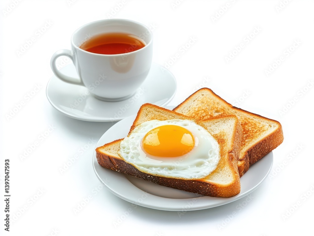 Fototapeta premium White background showcasing toast, fried egg, and tea for breakfast.