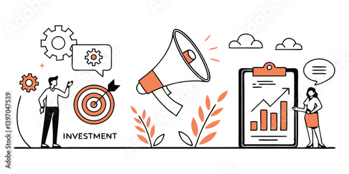 Professional Impact: Business Icon Set in Black, White, and Orange with Animated Effects