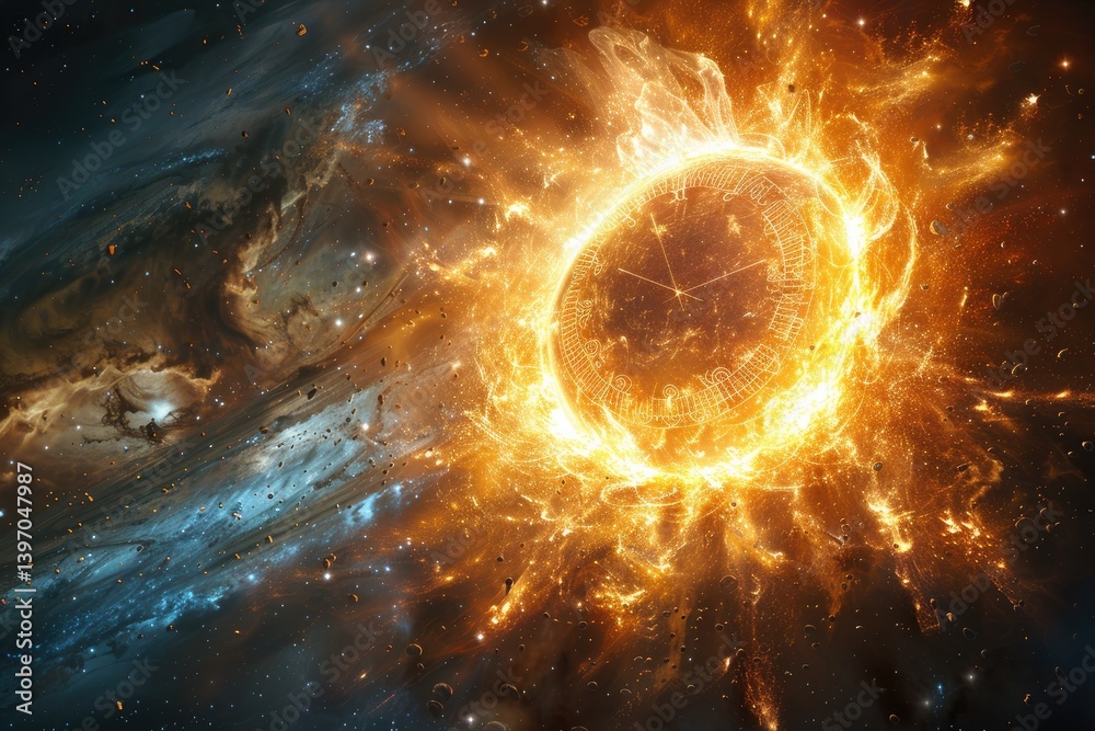 Fototapeta premium A fiery celestial clock dominates a swirling cosmic celestial scene