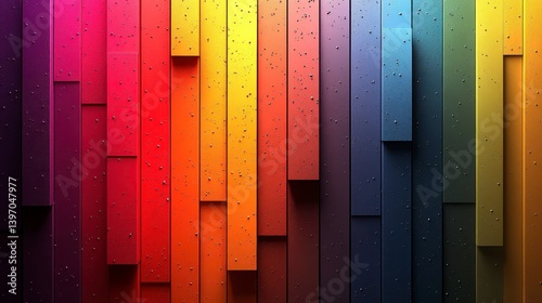 Colorful vertical block panels of varying heights create depth with specks