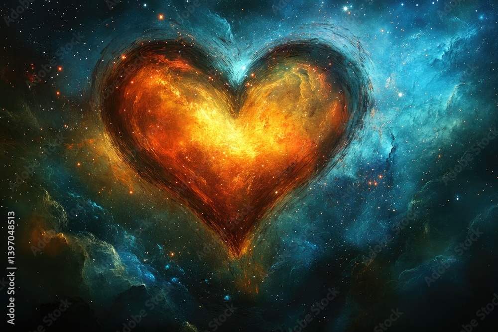 A fiery heart shape formed in a nebula filled space A fiery heart shape formed in a nebula filled space