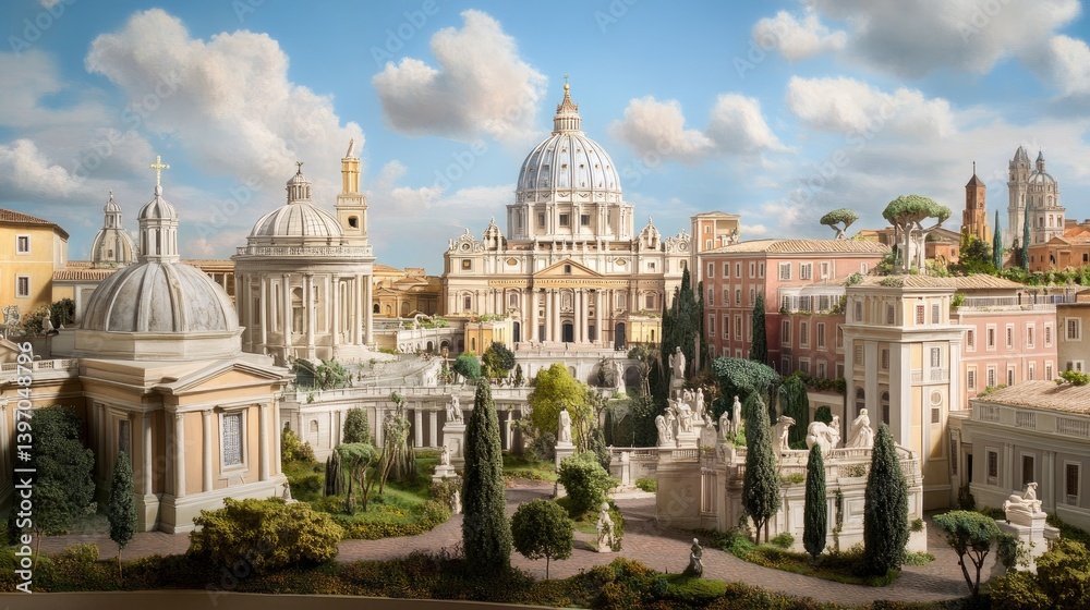 Obraz premium Detailed Model of Historic Vatican Architecture and Scenic Landscape