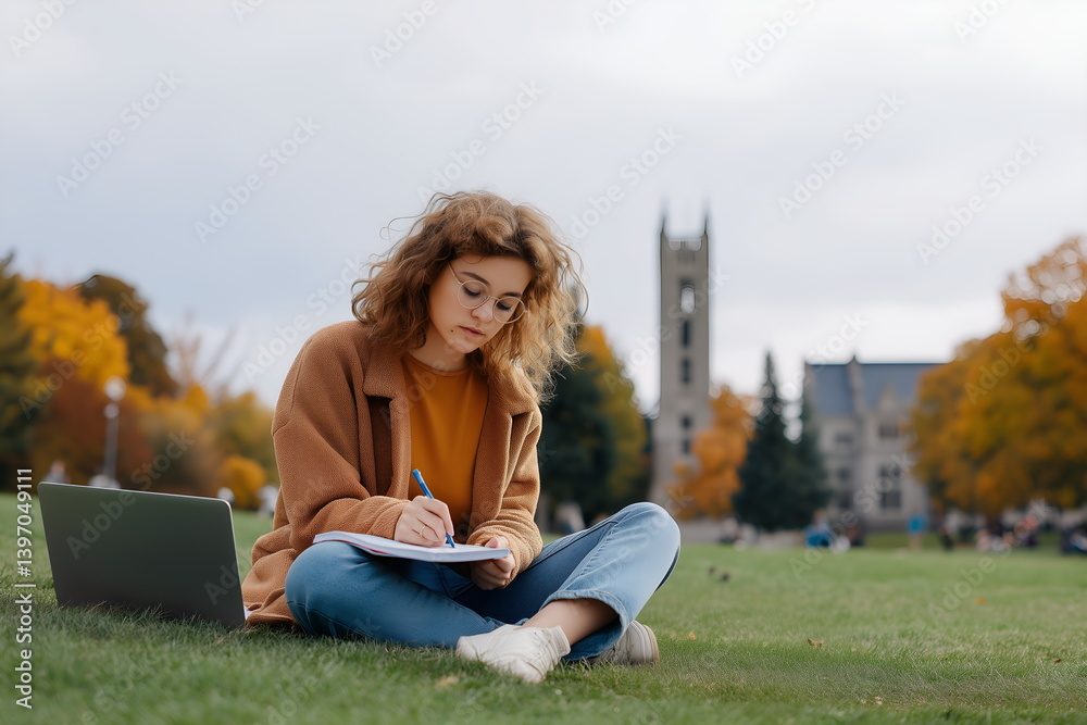 Female university student studying on campus lawn in autumn Female university student studying on campus lawn in autumn