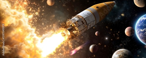 Rocket flying through deep space among planets and stars during celebration of Cosmonautics Day