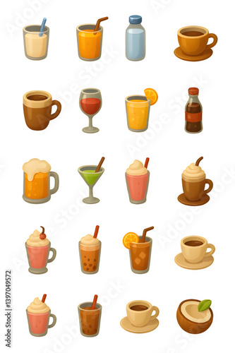 set of drinks icon collection cute brown vector illustration