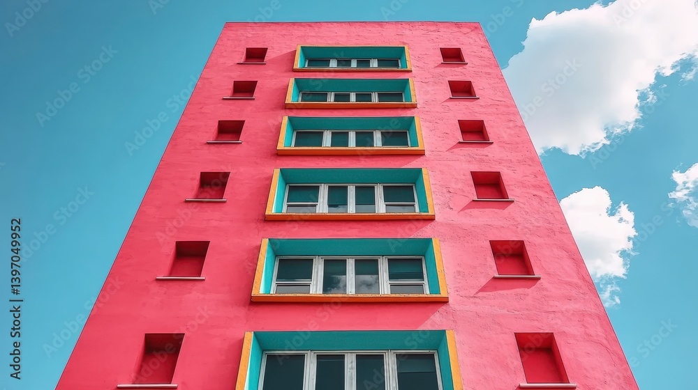 Pink Building with Teal and Yellow Windows Against a Blue Sky Pink Building with Teal and Yellow Windows Against a Blue Sky