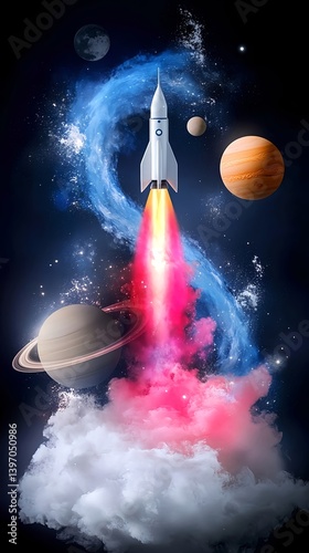 Fantasy rocket flying through glowing clouds and planets during International Space Flight Day