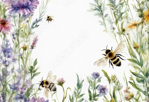 Fototapeta Naklejka Na Ścianę i Meble -  bees rim seamless wild drawing background watercolor leaves flowers summer white botanical composition herbs colorful border illustration bright wallpaper art season classical isolated leaf floral